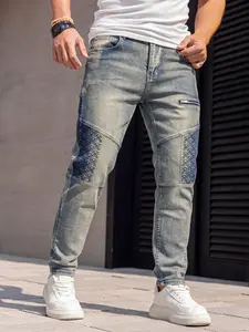 Men's Slim Fit Stretch Jeans, Embroidered Multi-Process Blue Denim Jeans, Casual Streetwear, Father's Day Gift, All Seasons