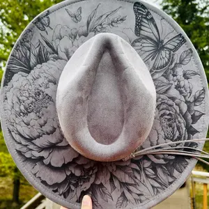 Dark Grey Butterfly Engraved Fedora with Floral and Butterfly Design