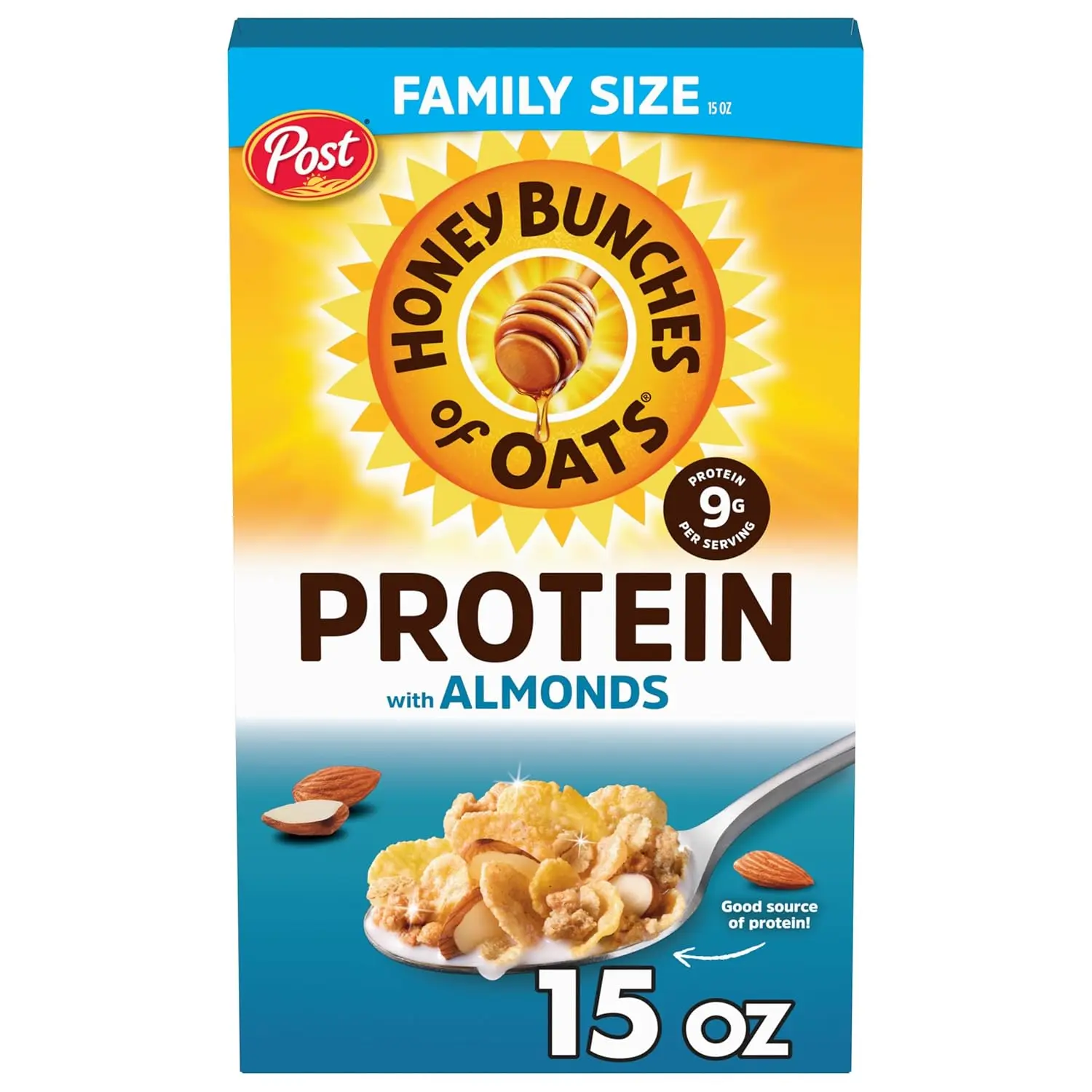 Honey Bunches of Oats Honey & Almond Protein Breakfast Cereal 15 Oz, Crispy Flakes & Crunchy Granola Clusters, Real Honey, High Fiber Cereal