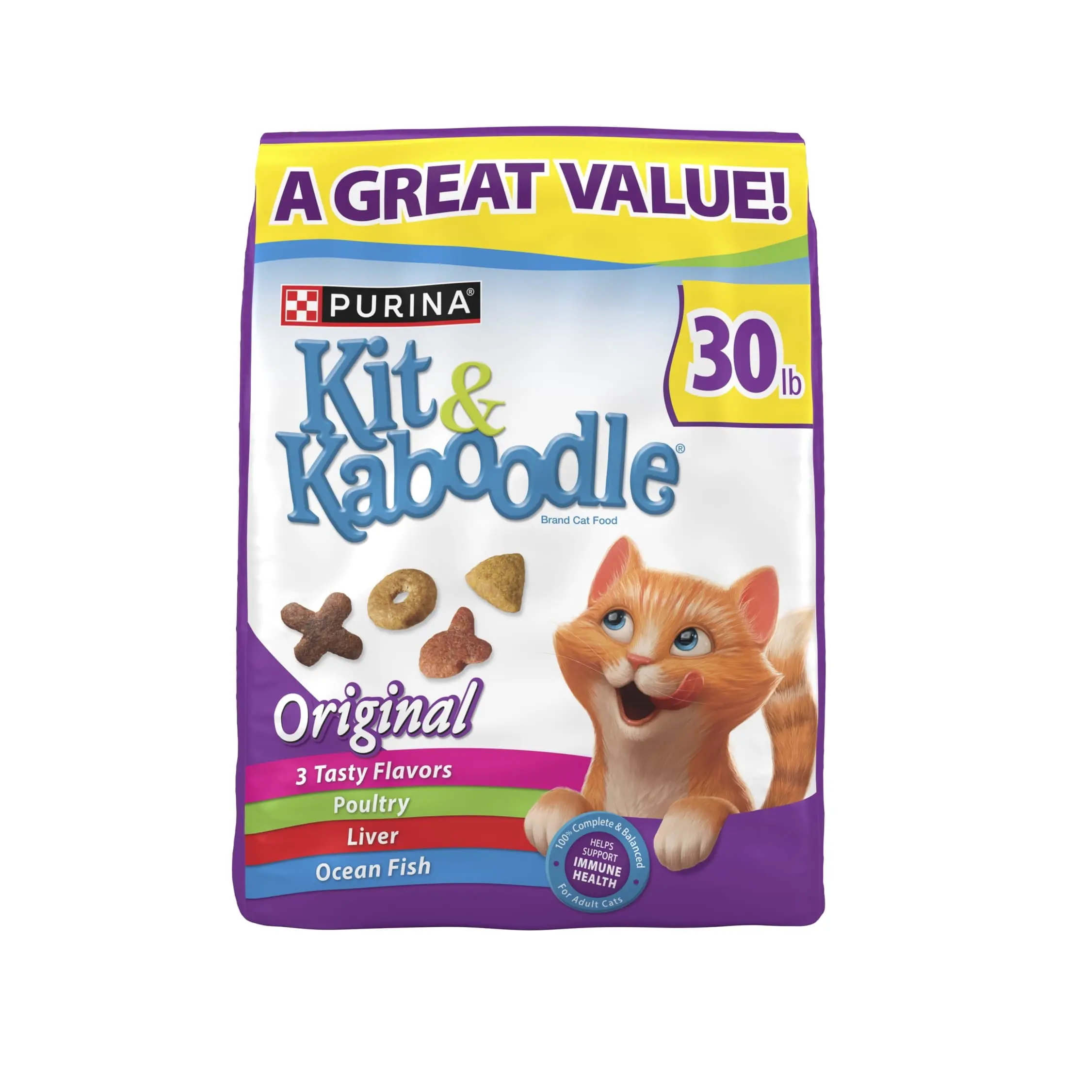 Purina Kit & Kaboodle Original Dry Cat Food For Healthy Indoor Cats Chicken Liver Turkey Ocean Fish Recipe 30 lb Bag