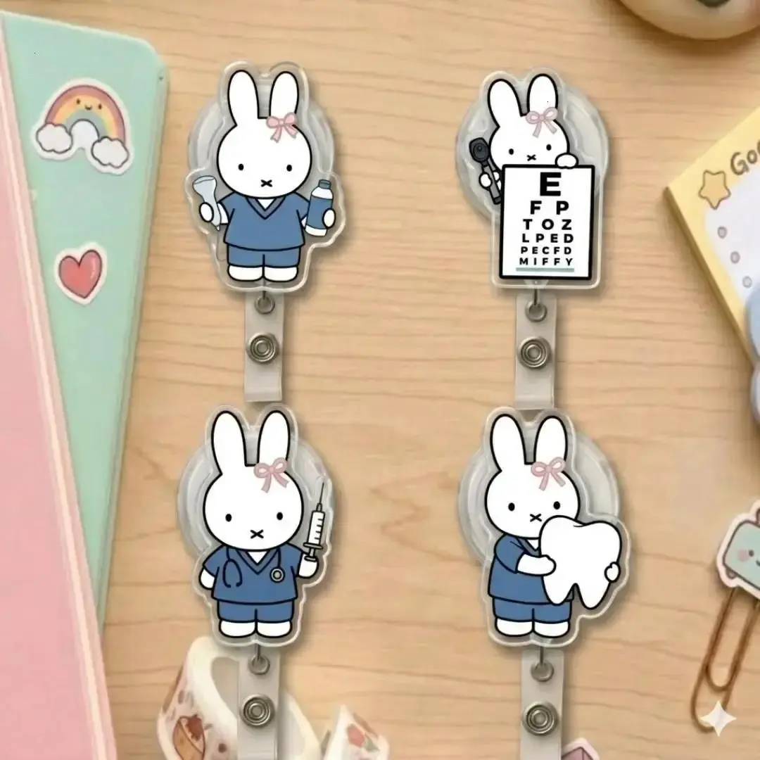 Cute Bunny Rabbit Sparkly Retractable Badge Reel Kawaii Snellen Chart Syringe Tooth Ultrasound Acrylic ID Holder For Nurse Dentist Tech Gift