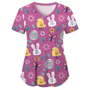 Practical Pockets |   Women's Easter Bunny and Egg Pattern Scrub Top - Cute V-Neck, Short Sleeve, Comfortable Polyester Medical Uniform with Pockets, Spring Summer Wear |   Festive Attire |   Glossy Texture