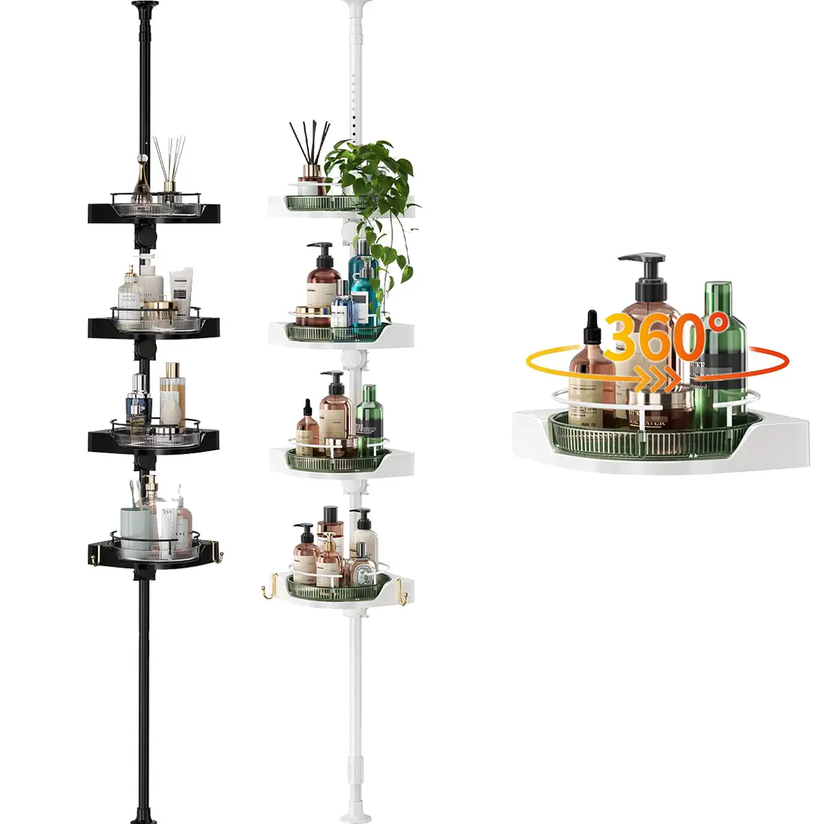 360° Rotating Shower Caddy Tension Pole with 4-Tier Rustproof Lazy No Drilling Coner Shelves Adjustable Shower Rack