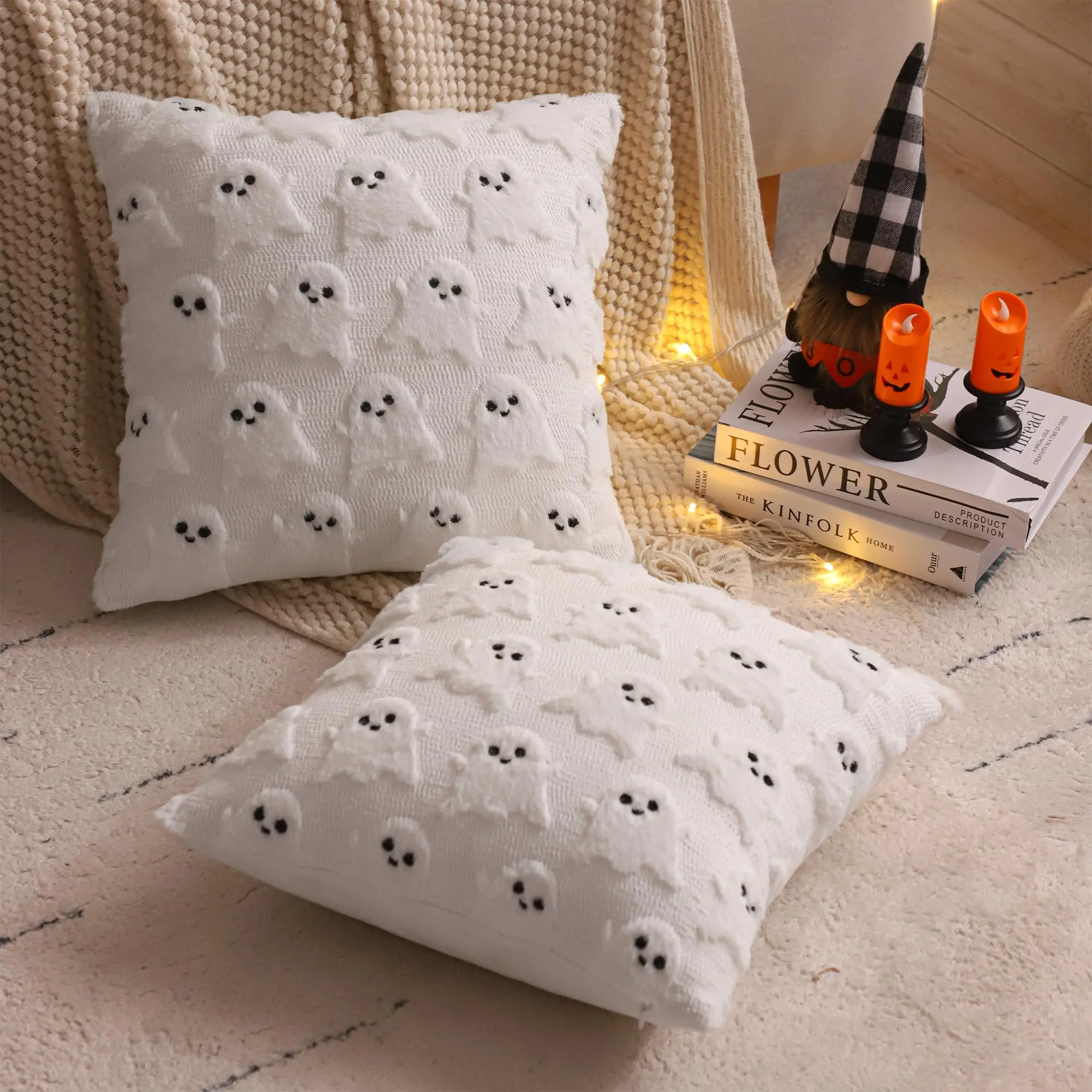 Flocked Ghost Print Halloween Throw Pillow Covers, 2-Piece Set, 18x18 in Soft Faux Plush Cushion Cases for Porch Living Room Holiday Decor