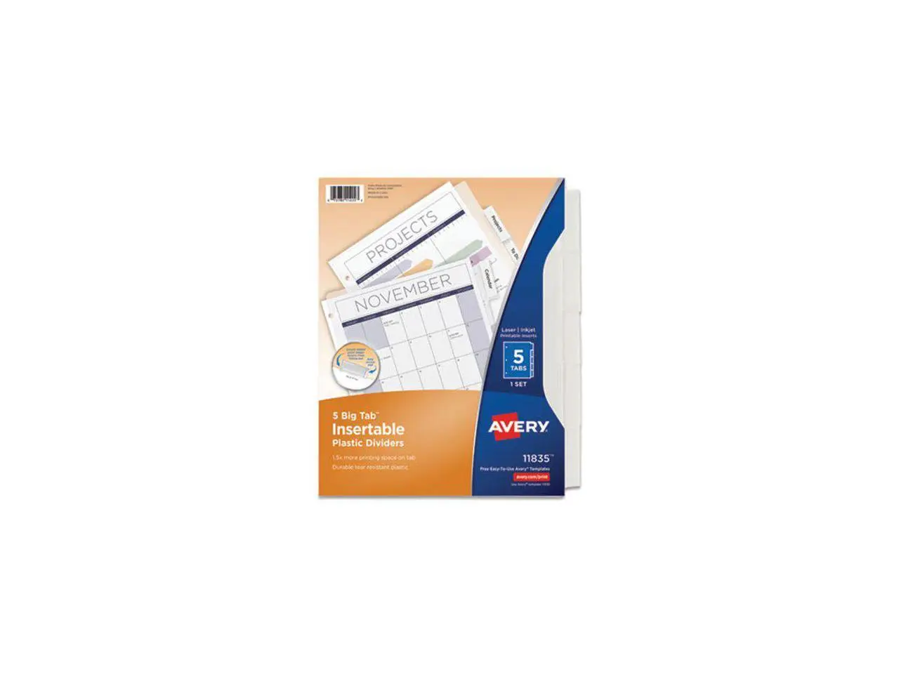 Avery Insertable Big 5-Tab Plastic Dividers, 11 x 8.5, Clear, 1 Set (AVE11835)