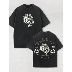 Darc Sport Wolves Vintage Washed Oversized Tee Heavyweight Cotton Gym Apparel California Bodybuilding Club Shirt Workout Fitness Weightlifting Athletic Street Style Casual Daily Wear Comfortable Loose Fit Graphic Top For Active Men