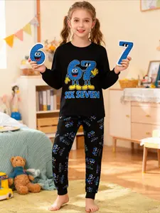 #67 Print Christmas Pajama Set Long Sleeve Pants for Kids and Youth, Six Seven Meme Pattern Homewear for Boys and Girls, Loose Fit, All Seasons, Holiday Christmas Gift Idea, Cartoon Print Pajama