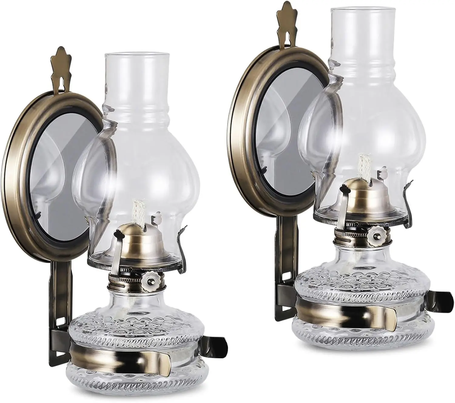 2-Pack Rustic Large Wall-Mounted Vintage Glass Oil Lamps with Mirror Chamber, Antique Kerosene Hurricane Lanterns for Indoor Emergency Lighting & Home Decor