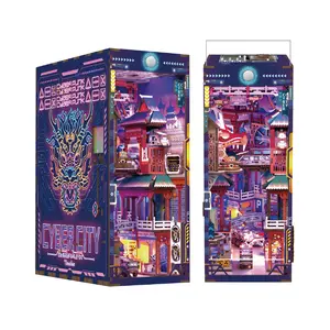 Tonecheer DIY Wooden 3D Puzzle Miniature Set, Cyber Punk City Book Nook Kit for Adults with Dust Cover, Body Motion Sensor LED and Interactive Bookend Bookshelf Insert Decor