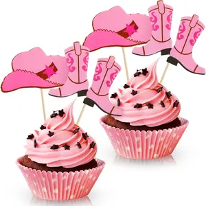 60 Pieces Cowboy or Cowgirl Hat and Boot Cupcake Toppers for Western Birthday Cake Decorations, Rodeo Cupcake Picks, Baby Shower Toothpicks-Western Theme Party Favors Supplies (Pink)