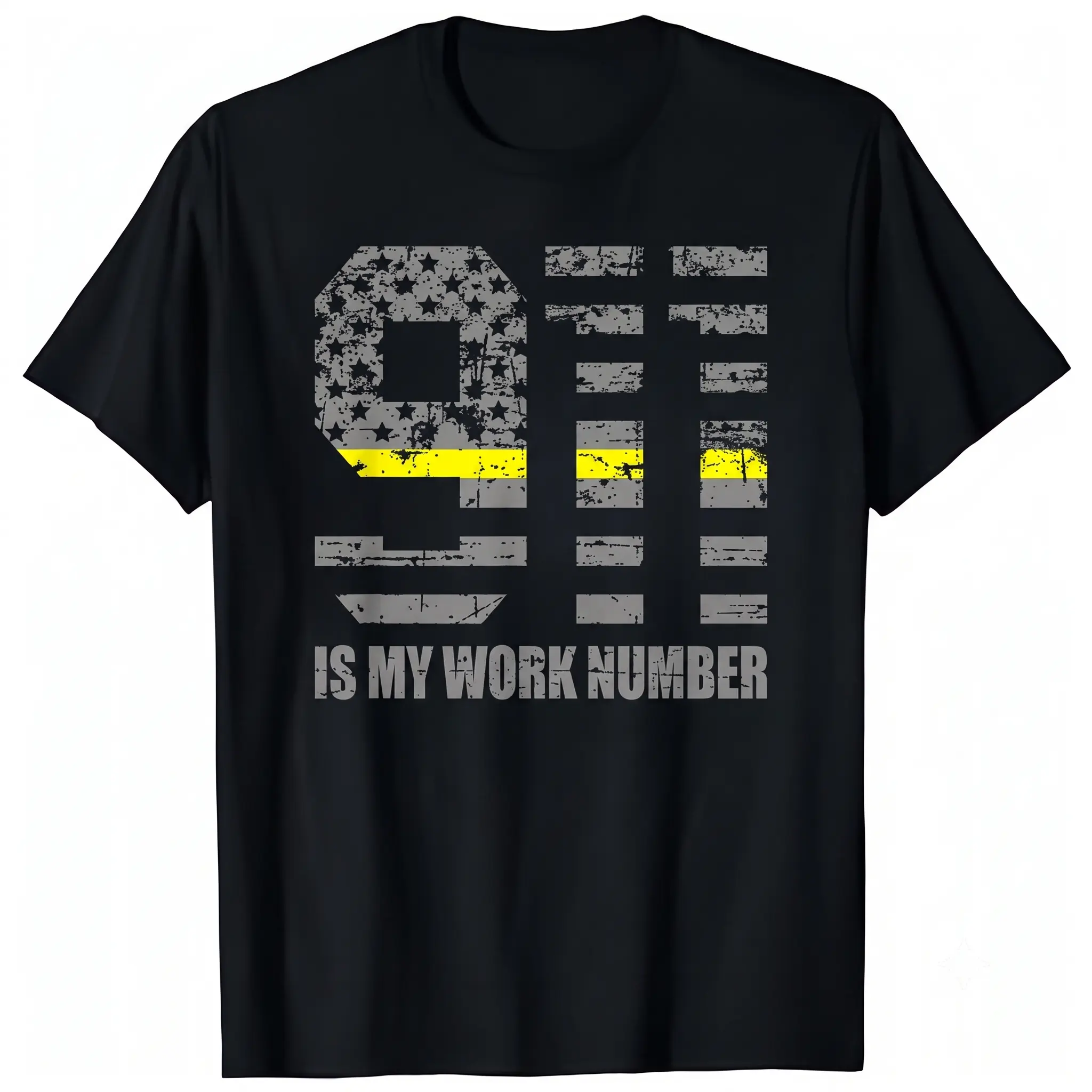 Men's Oversized Street Style Short-Sleeve Print T-Shirt - 911 Is My Work Number Distressed Typography, Emergency Dispatcher First Responder Graphic, Black Round Neck (Sports Top), Menswear, Shortsleeve, Casual, Soft, Jersey, Tops