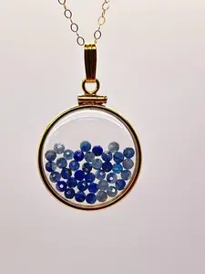Solid 14k Gold Lucite 22mm Kyanite Bead Shaker Locket with Microfaceted 2.5mm Beads - Hallmarked 14k Gold Bezels & Snap Bail - Artistic Series Gemstone Pendant