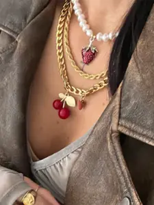 Ladies Necklace Acrylic Cherry Strawberry Pendant Stainless Steel 18k Gold Plated Anti Allergy Sweet Style Fashionable Casual And Vacation Style Matching