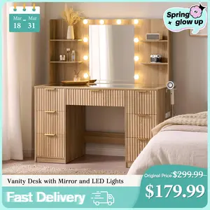 AMERLIFE 36.2/47.2" Fluted Vanity Desk with Mirror and Adjustable LED Lights, Large 4/7 Drawers Makeup Table with Glass Top and Charging Station for Women and Girls,,Best Gift Ideas/Christmas Gifts