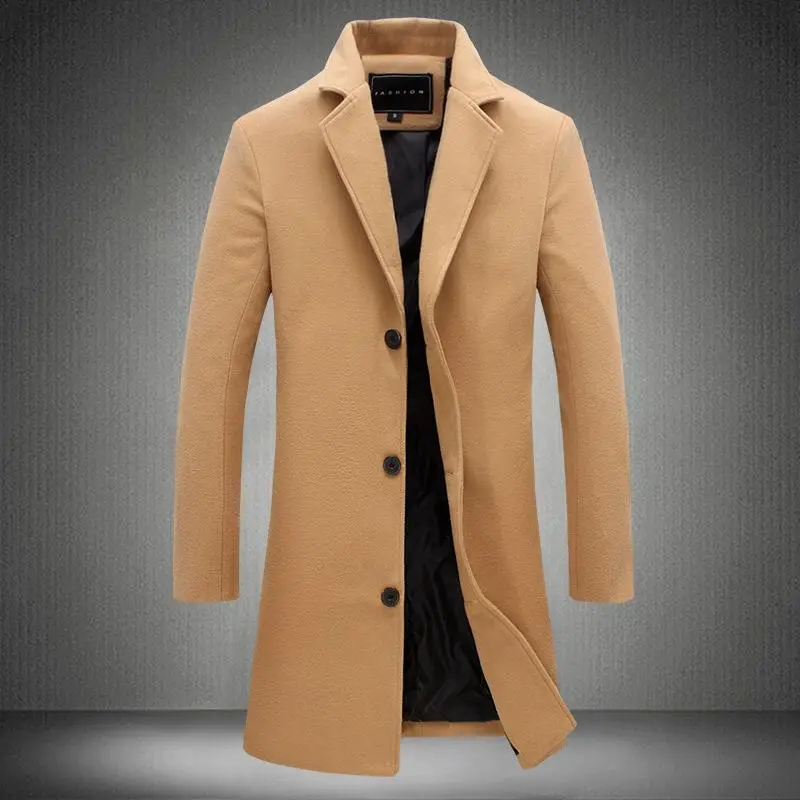 Men's Wool Blend Pea Coat Notched Collar Single Breasted Overcoat Warm Winter Trench Coat