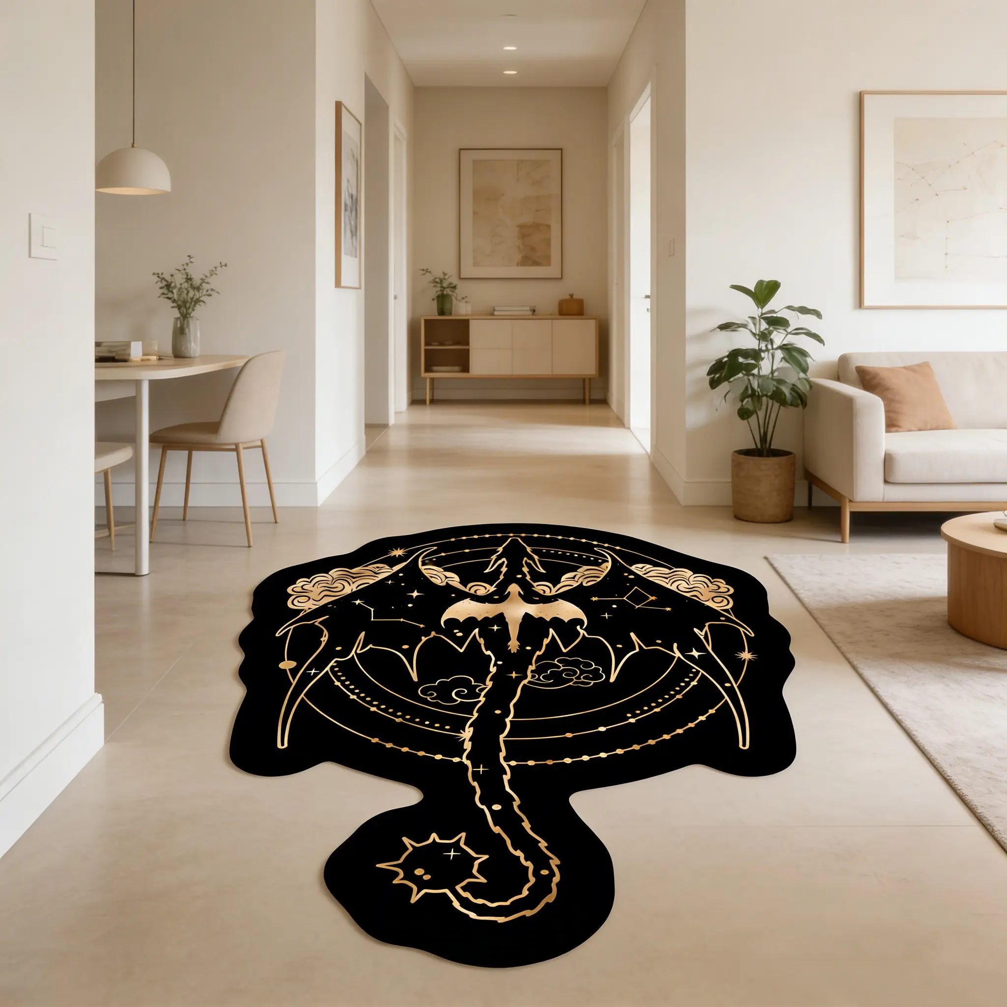 Star Map Flying Dragon Alien Carpet Boho Soft Area Rug, Decorative Rug, Black Gold Contrast Plush Floor Mat Entrance Anti slip and Wear resistant Foot Mat Light Luxury Space Decoration Pad Suitable for Ins Style Home Decoration