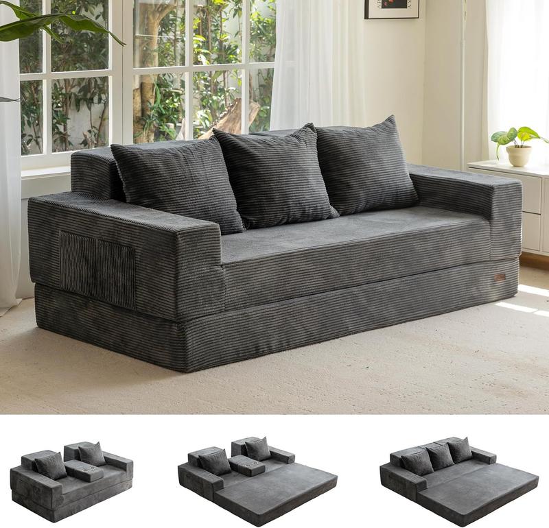 MAXYOYO Sofa Bed, 4 in 1 Foldable Floor Sofa Couch in A Box with 2 Cup Holders, Convertible 3 Seater Boneless Couch Folding Recliner Sleeper Chair for Living Room, No Assembly Required