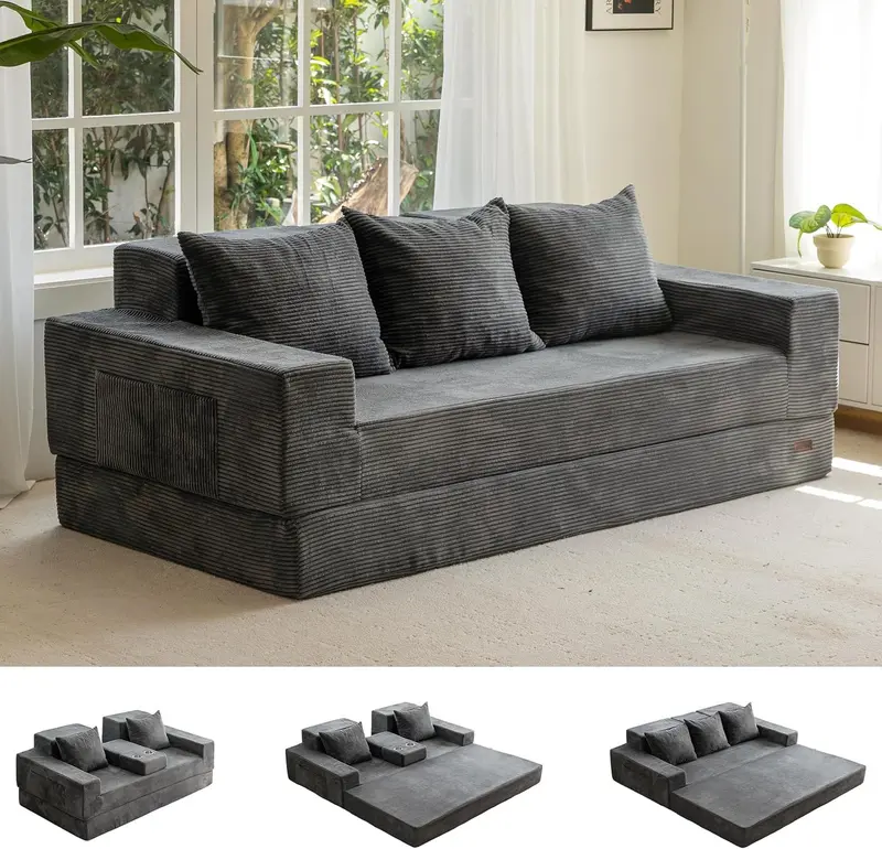 MAXYOYO Sofa Bed, 4 in 1 Foldable Floor Sofa Couch in A Box with 2 Cup Holders, Convertible 3 Seater Boneless Couch Folding Recliner Sleeper Chair for Living Room, No Assembly Required