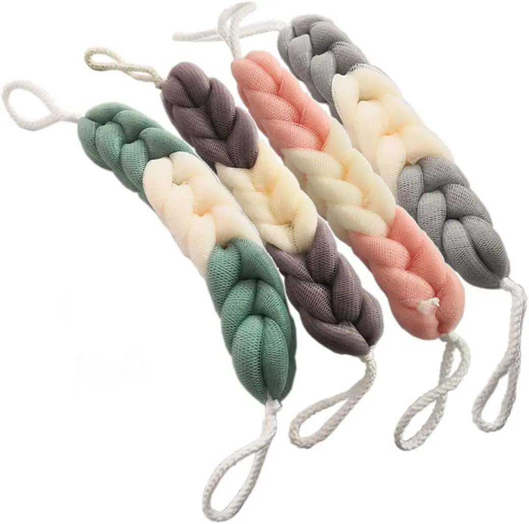 4 Packs Long Stretch Back Sponge with Rope Handles Back Scrubber Bath Shower Mesh Sponge Exfoliating Body Scrub Stretch Braided Loofah for Men and Women (B-1 Grey+1 Green+1 Pink+1 Coffee)