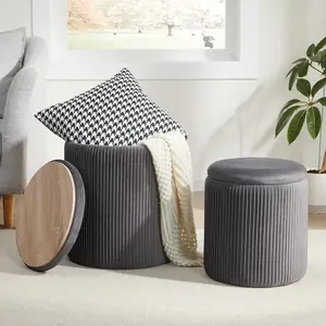 Round Ottoman with Storage Set of 2,Vanity Stool with Storage for Bedroom, Ottoman Coffee Table,Small  Foot Stool for Living Room,Grey