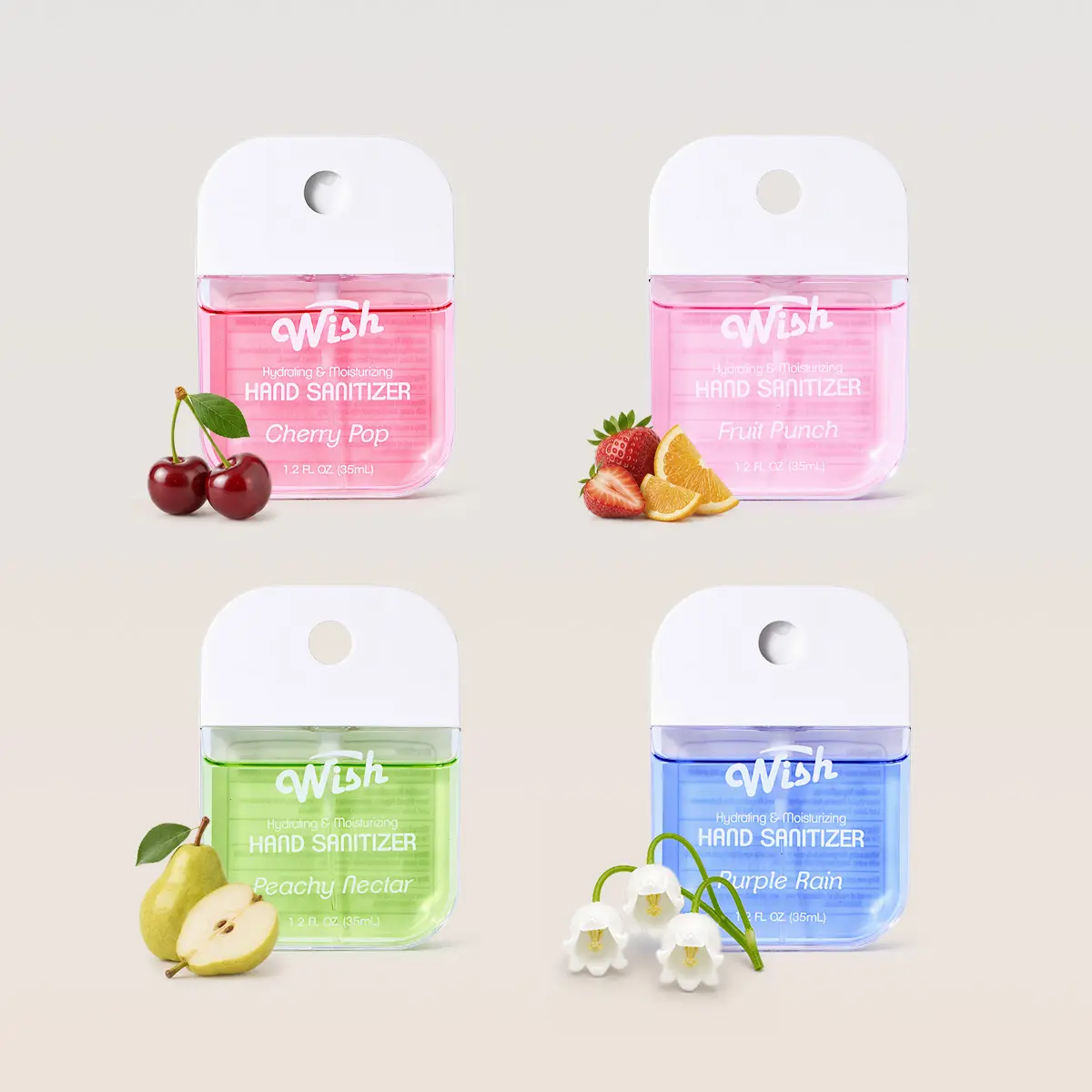 Wish Purple Rain Series Pop-Art Pocket Size Mini Hand Cleansing Spray 4-Pack Multi Pack - Travel, Moisturizing Hand Sanitizers, Scented (Fruit Punch, Cherry Pop, Peachy Nectar, Purple Rain), Scented Hand Sanitizer