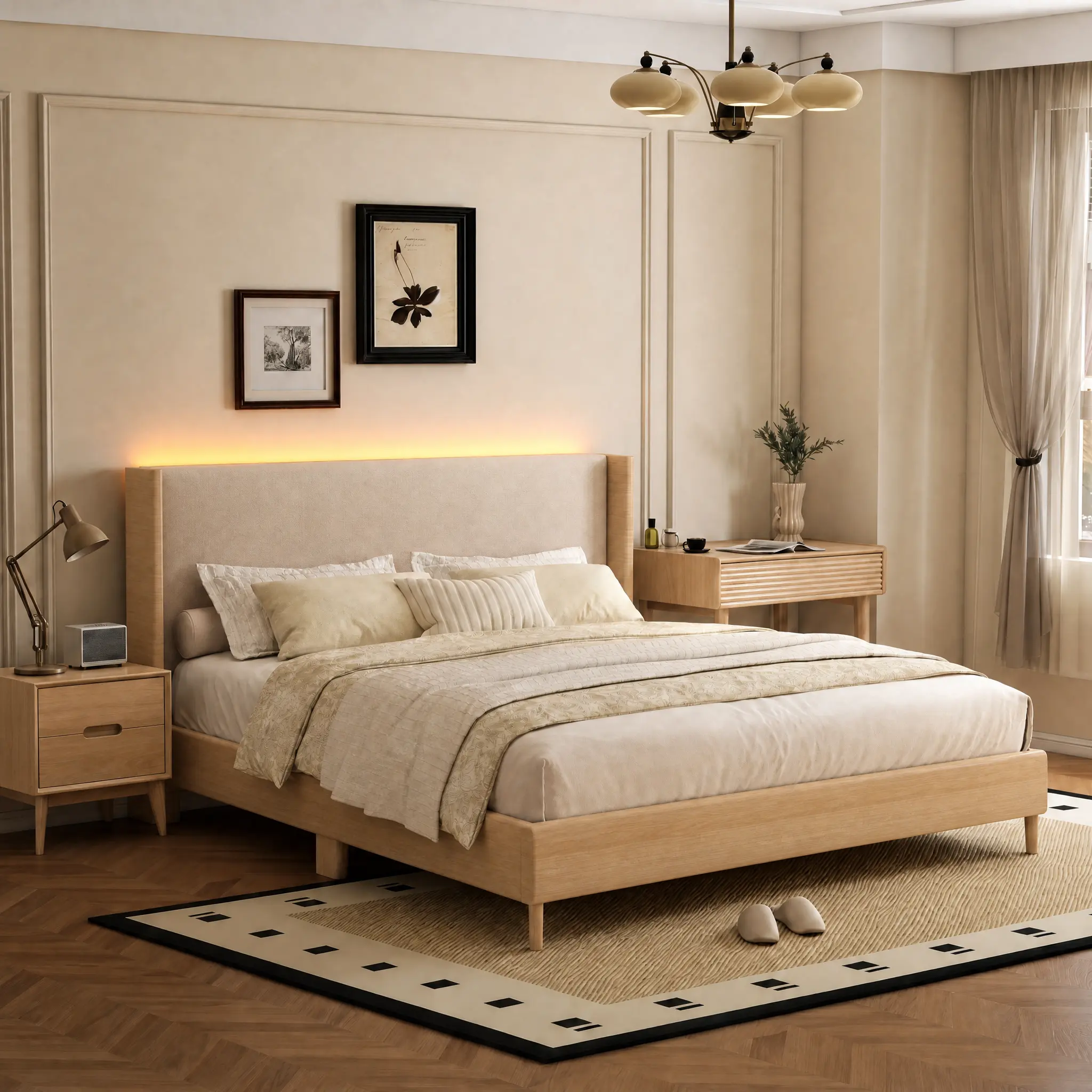 Torana Queen LED Bed Frame - PU Leather Upholstered Headboard, Silent Durable Solid Wood & Metal Support, No Box Spring Needed, Dark Brown Oak Finish, Assembly Required