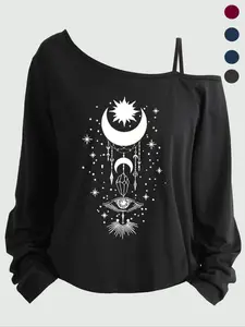 Plus Size Women's Casual Loose-Fit Long Sleeve Top, Asymmetrical Neckline Spaghetti Strap T-Shirt, Cartoon Print, All Seasons Wear