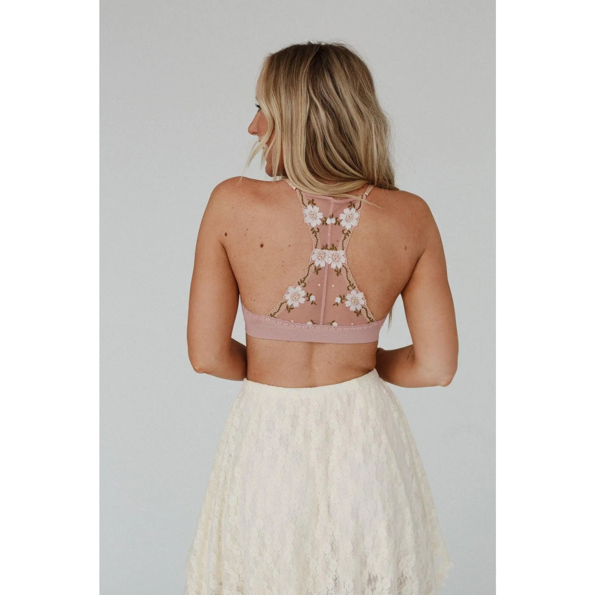 Daisy Breeze Bralette - Light Dusty Pink Floral Embroidered Bralette for Boho Outfits - 92% Nylon 8% Spandex