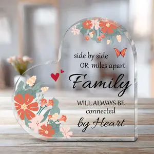 Acrylic Heart Shaped Ornament, 1 Count Flower & Letter Pattern Acrylic Plaque, Home Decor, Memorial Gift, Table Centerpieces