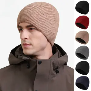 BIGWIG men's knitted plush lined beanie hat, elastic and soft, thickened, windproof and cold-proof, warm outdoor winter beanie hat, outdoor sunshade ski sports knitted hat, elastic knitted cuff beanie hat, cold-proof wool hat