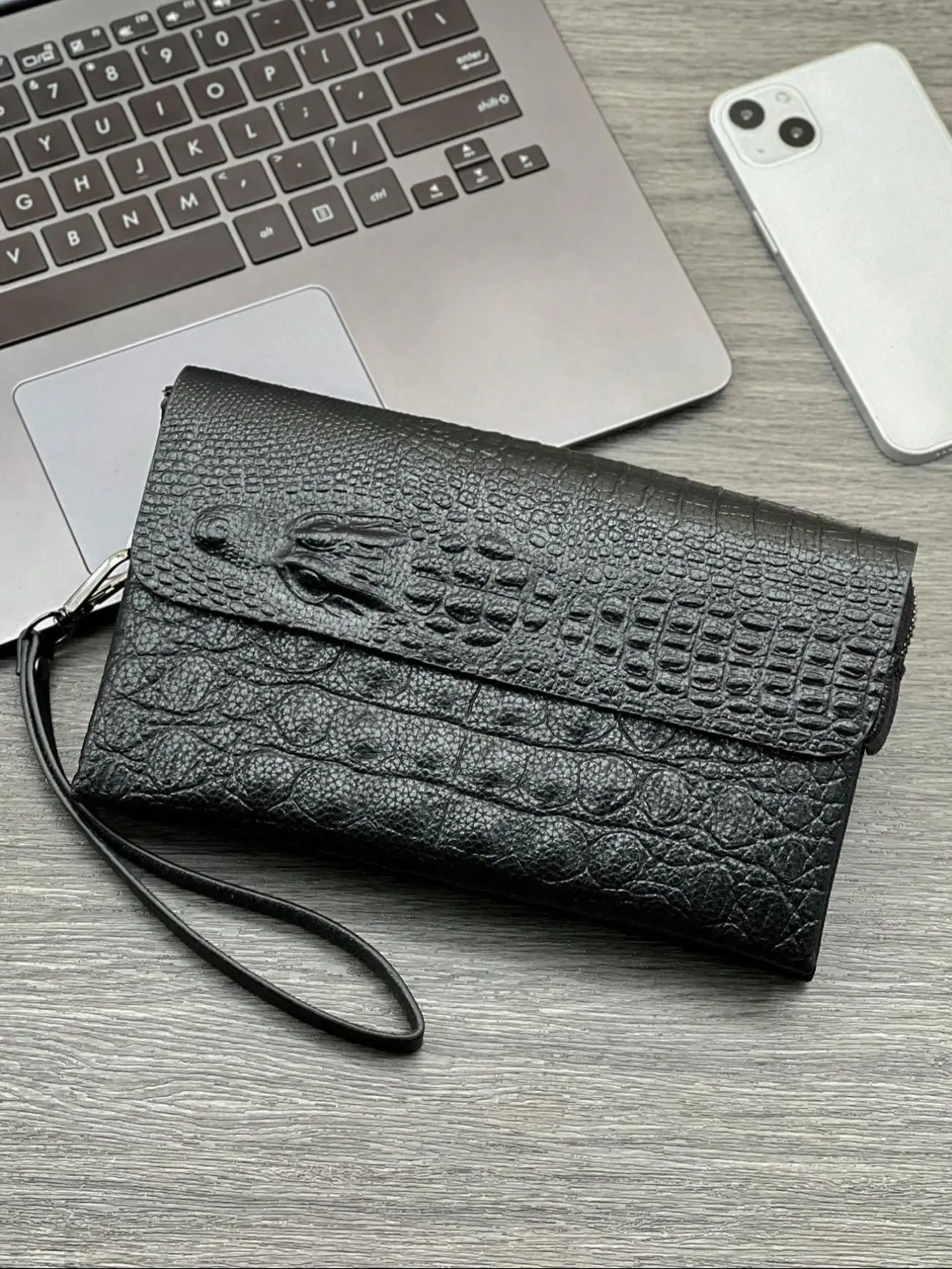 Business Multifunctional Handbag Wallet Clutch, Urban Commute Style, 21.5cm Large Capacity, Anti-Scratch Crocodile PU, Durable Pouch, Wrist Strap, Best Christmas Gift, Men Gifts