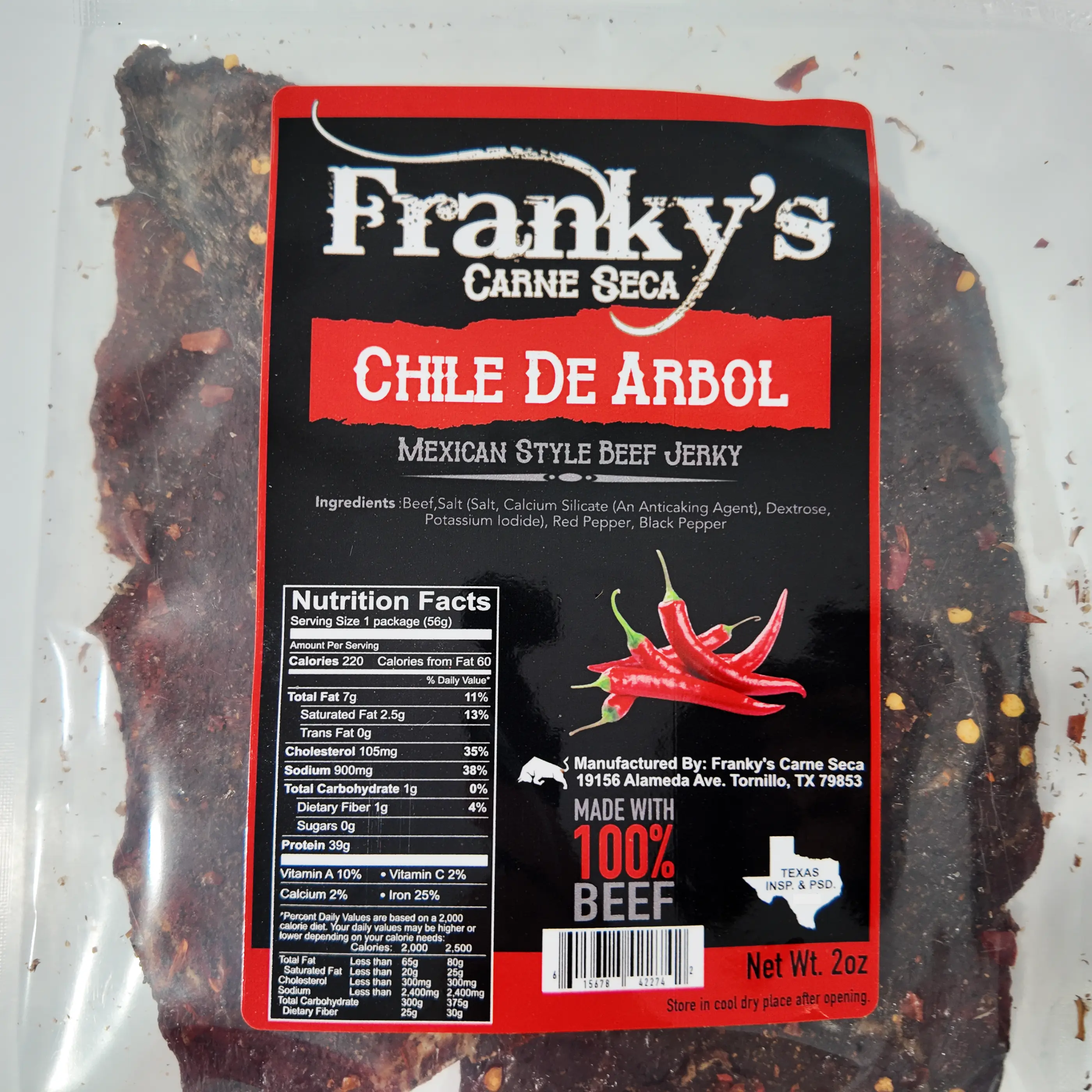 Frankys Carne Seca Chile de Arbol Dry Beef Jerky Sticks, Spicy Flavor Dry Snack, Savory Beef Jerky Snack