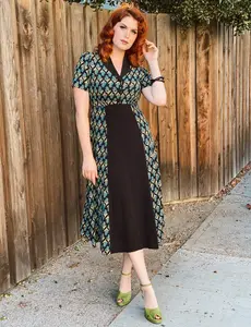 Nouveau Floral Short Sleeve Tea Length 1940s Contrast Day Dress