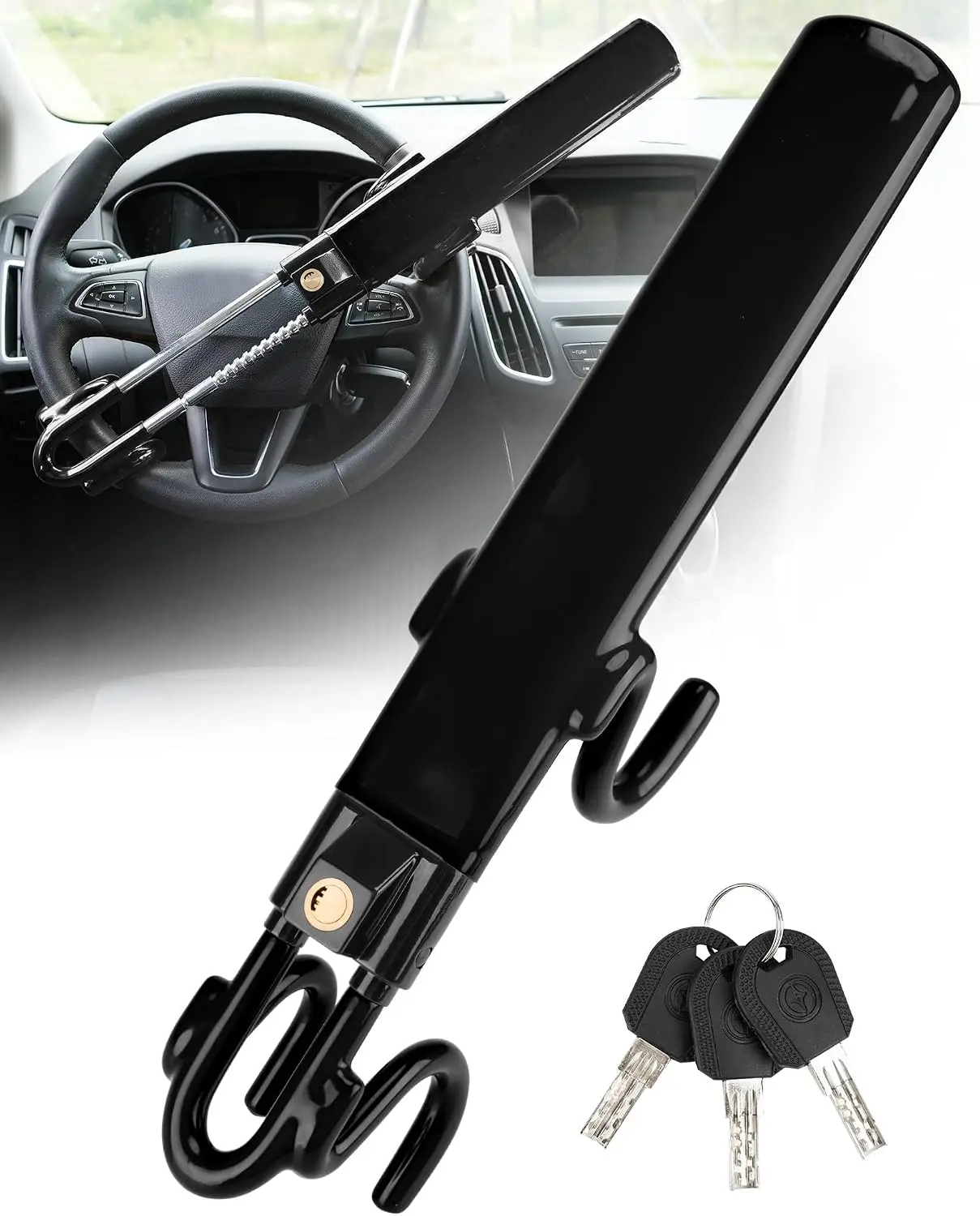 Heavy Duty Steering Wheel Lock, Adjustable Anti-Theft Car Security Device with 3 Keys, Vehicle Wheel Lock & Theft Deterrent for Cars and Trucks