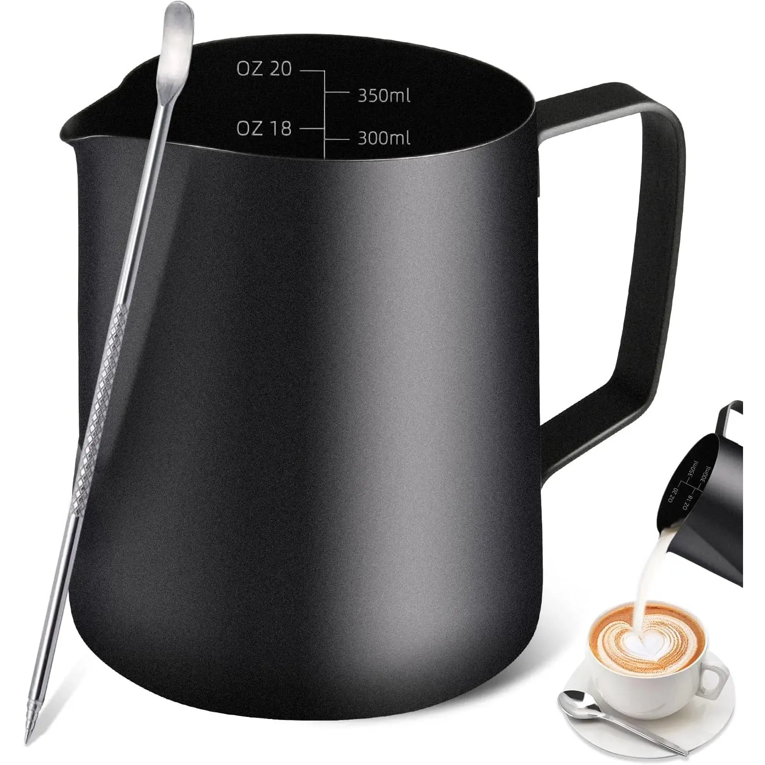 Milk Frothing Pitcher, 12OZ/350ML Stainless Steel Espresso Steaming Pitcher Coffee Milk Frother Cup with Decorating Art Pen for Espresso Machine, Milk Frother, Latte Art Black