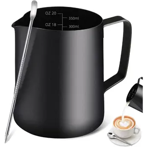 Milk Frothing Pitcher, 12OZ/350ML Stainless Steel Espresso Steaming Pitcher Coffee Milk Frother Cup with Decorating Art Pen for Espresso Machine, Milk Frother, Latte Art Black