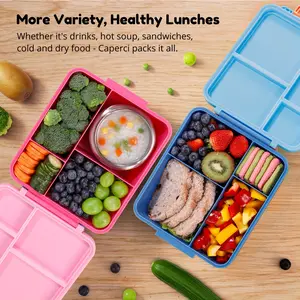 Caperci 2 Pc Versatile Bento Lunch Box For Kids With Insulated Jar - LeakProof Toddler Lunch Box Containers For School Daycare 4-Compartment & Portable Handle, Loncheras Para Niños