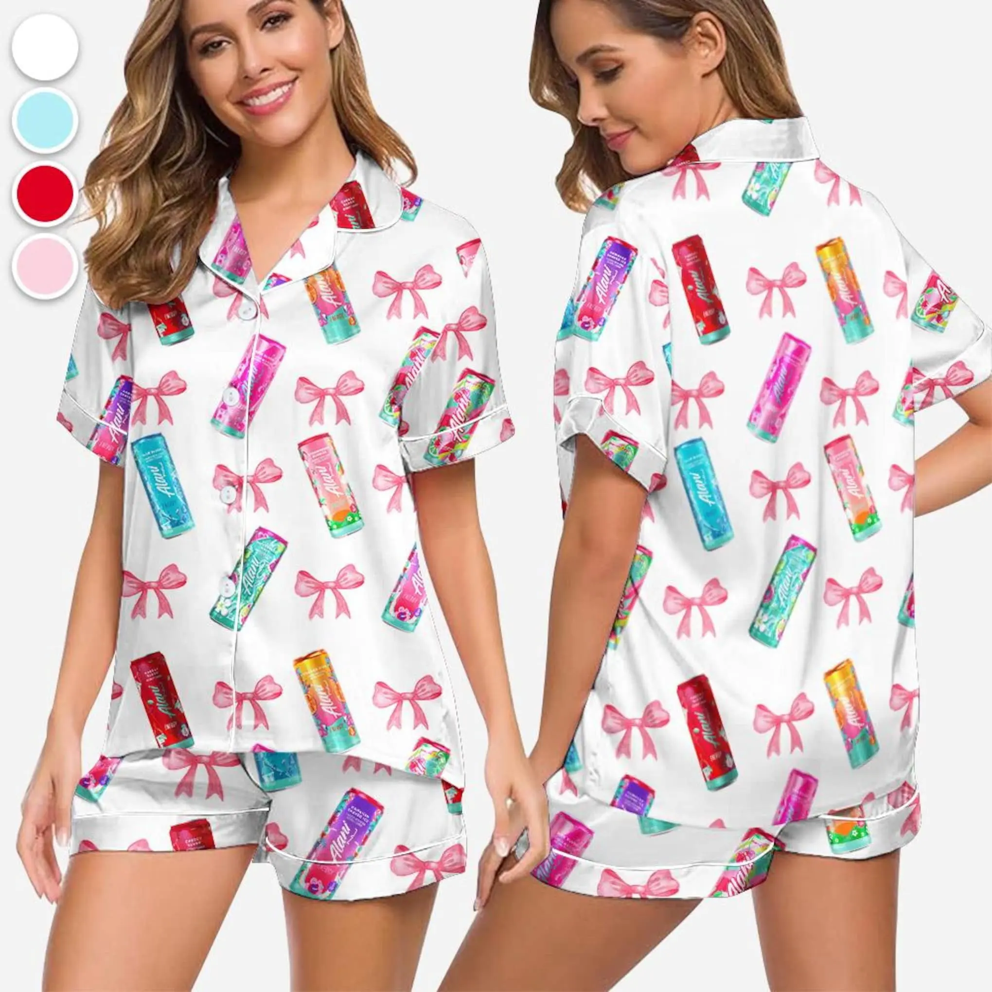 Alani Nu Energy Drink Coquette Bow Pajama Set for Women, Cute Satin Sleepwear Outfit, Girly Button Up Lounge Shirt and Matching Pants for Cozy Nights and Relaxing at Home