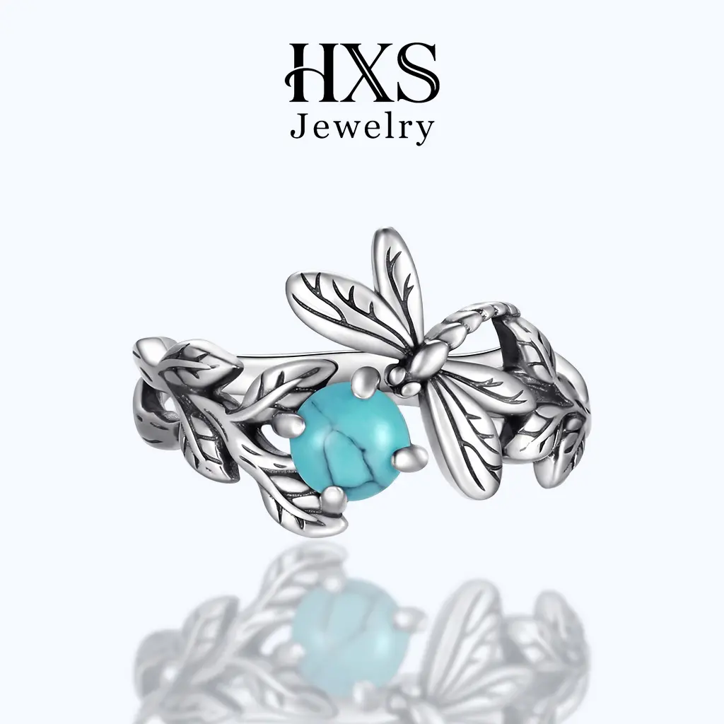 HXS 925 Sterling Silver Dragonfly Ring with Turquoise, Timeless Boho Jewelry