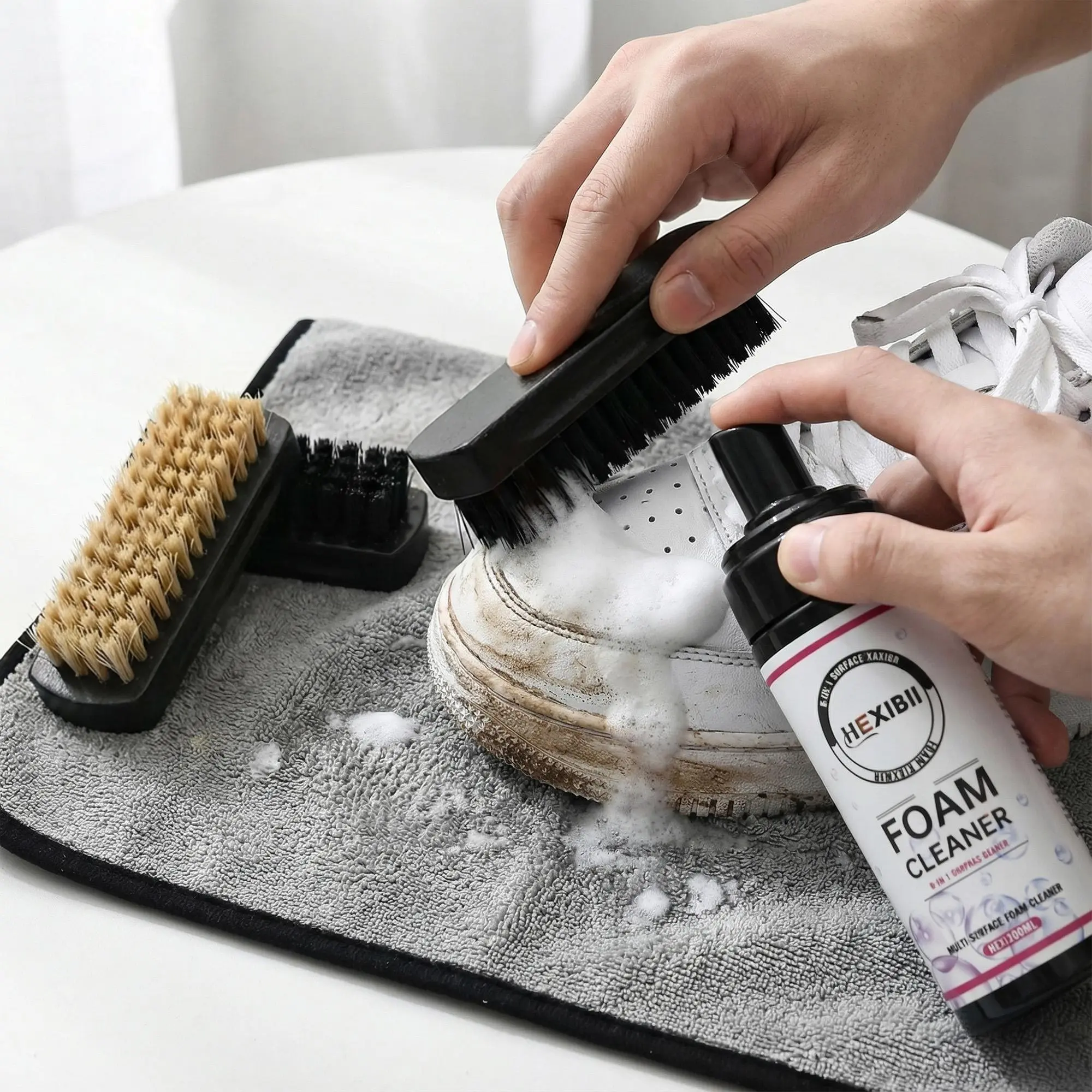 Powerful Multi-Purpose Foam Cleaner Kit (5.3 oz) - Includes 2 Brushes & 1 Microfiber Towel, for Sneakers, Leather Shoes, Suede Boots, Mesh Footwear & Car Cleaning, 1-Wipe Shine