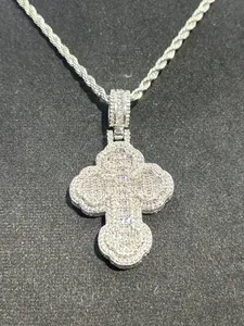 Four-Leaf Clover Cross Pendant Necklace for Men and Women, Small Full Diamond Brass Zircon Trendy Charm, Hip Hop Style Jewelry