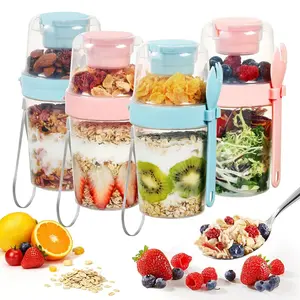 4 Pack Overnight Oats Containers with Lids and Spoons, Yogurt Parfait Cup, Reusable Topping Compartment for Overnight Oats Leak Proof Oatmeal Container Great for Cereal Fruit Vegetable Milk Salad Yogurt Meal Prep, Oatmeal On-the-Go