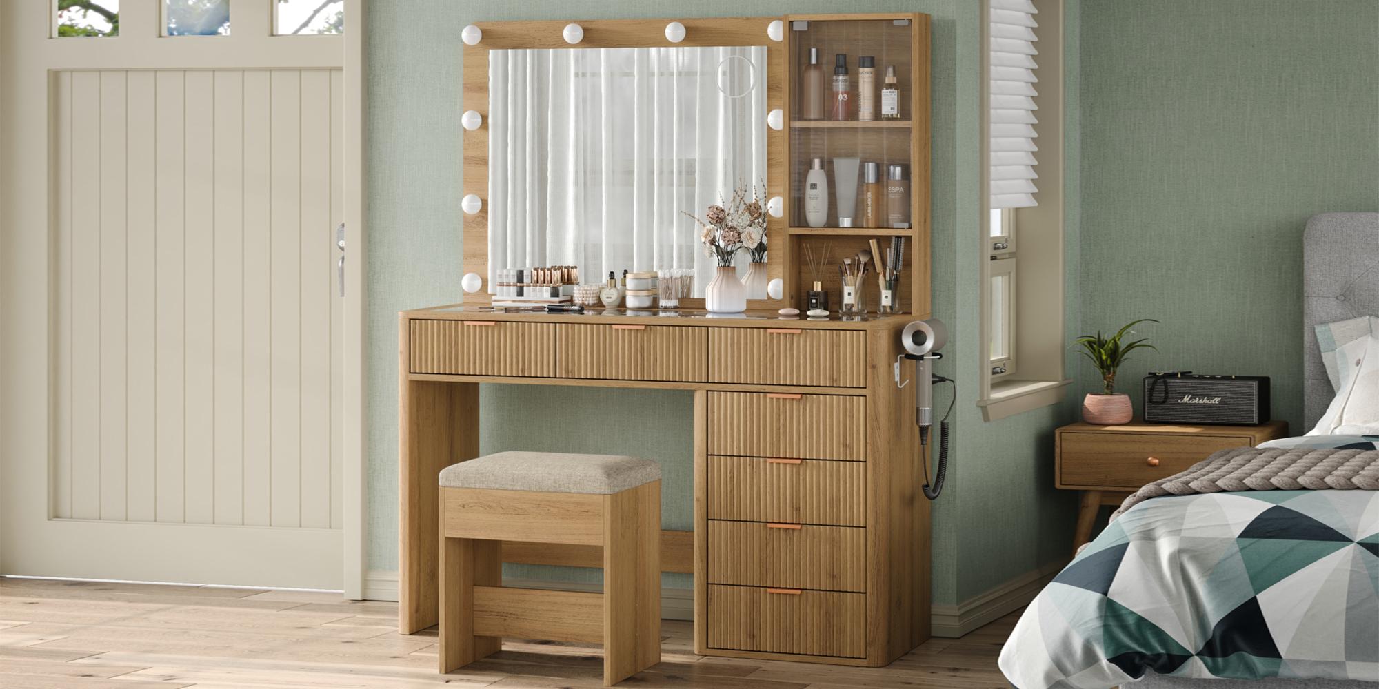 FUSOU 47'' W Fluted Vanity Desk [Shipping By 2 Packages] Makeup Vanity with Power Oultlet, 7 Drawers Vanity with 10 LED Lights and Mirror, 3 Lighting Modes Adjustable, Glass Top, Vanity with Chair for Bedroom, Natural