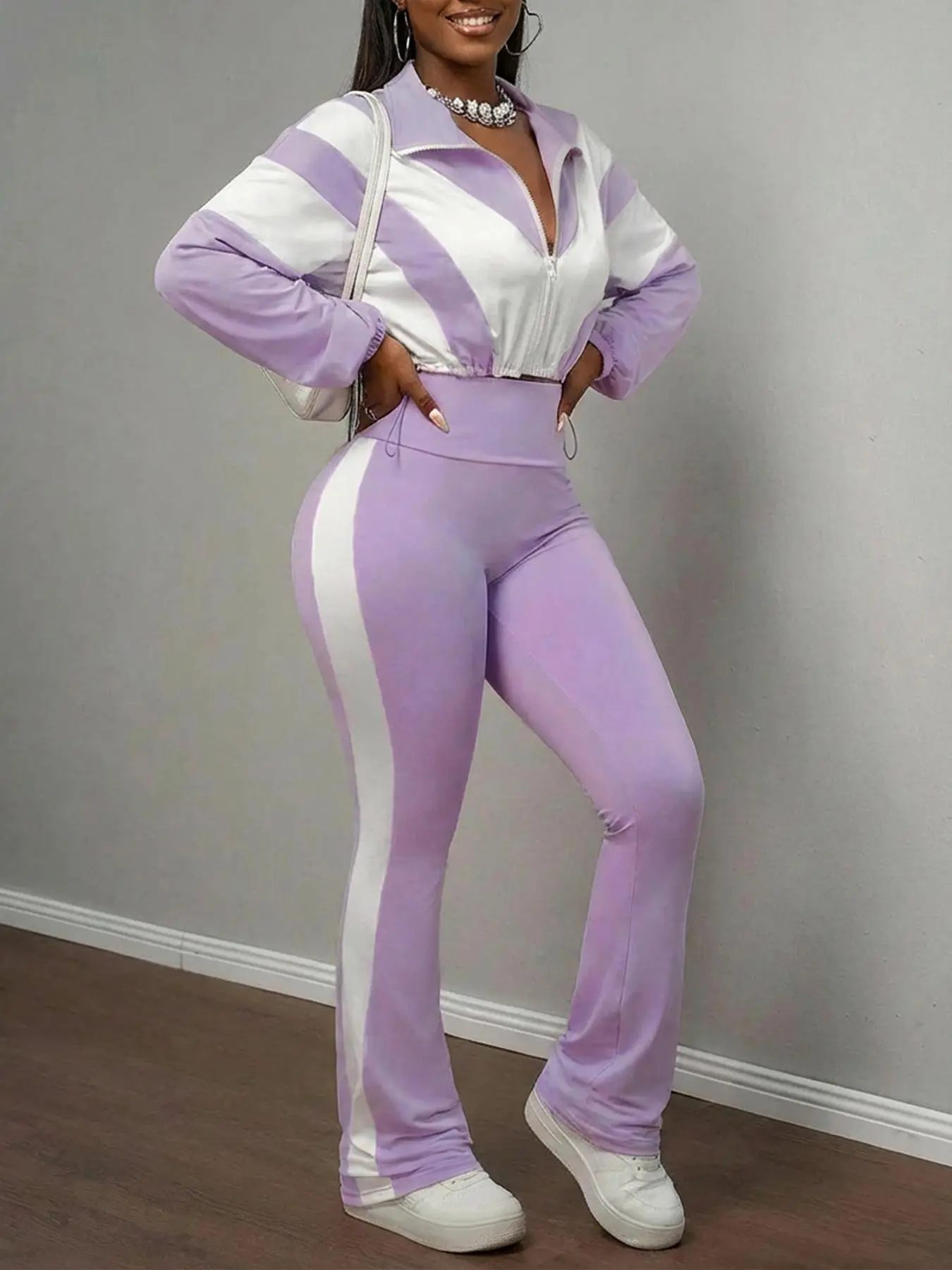 Women's 2-Piece Longsleeve Set - Zip-Up Crop Top, High-Waist Flared Pants with Purple White Stripes, Drawstring Waist, Casual Streetwear Baddie Style, Spring Summer Womenswear, Longsleeves, Two Piece Sets Clothes Suits