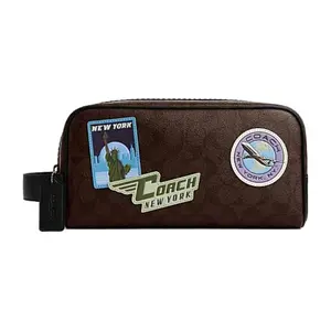 COACH Travel Kit 26 with Classic Monogram and PVC-Trimmed Leather in Large Size for Men and Women as a Couple Style in Dark Brown