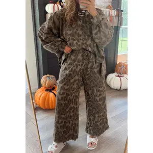 Brown Allover Leopard Print Pullover Drawstring Loose Pants Set