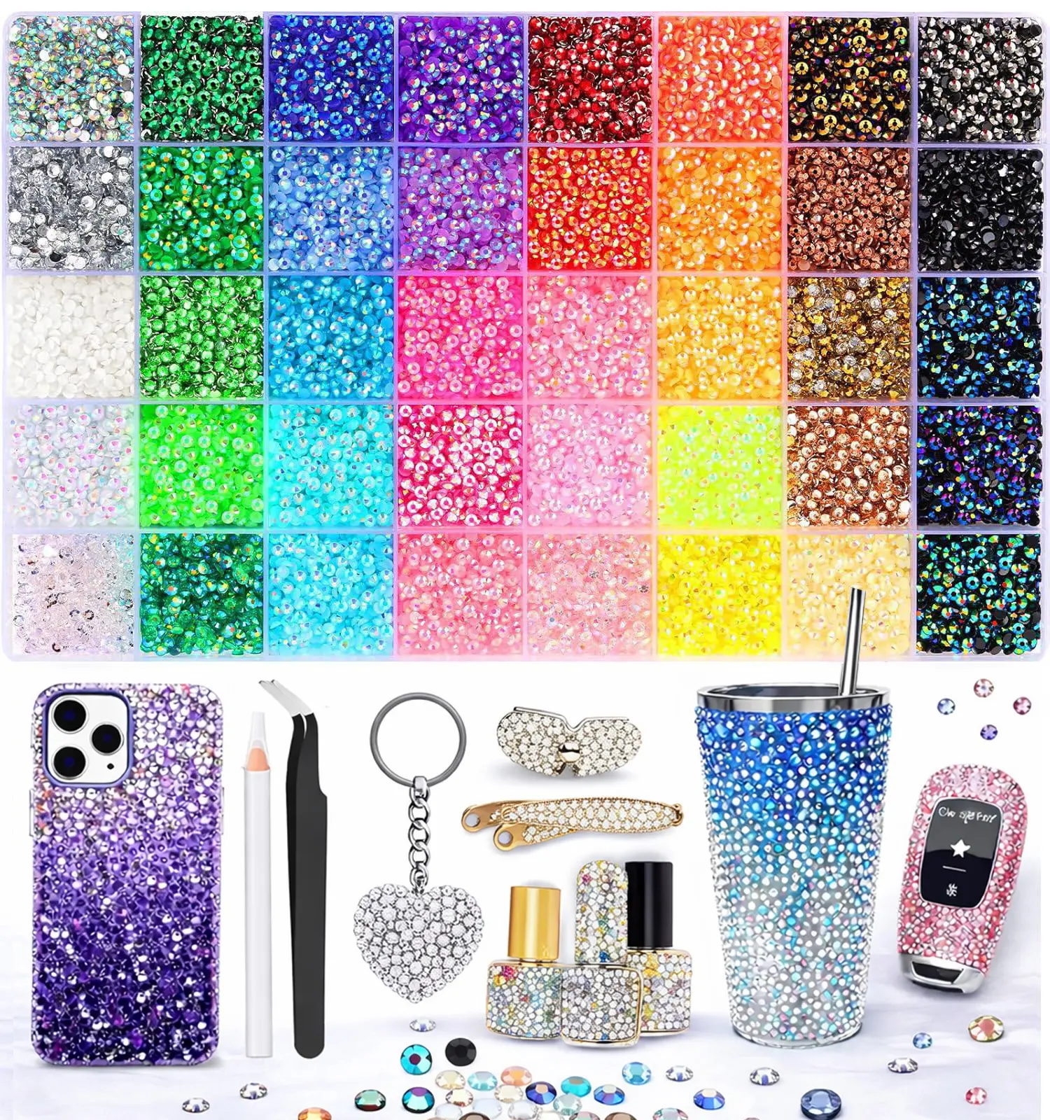 40-Color 40000Pcs Jelly Resin Flatback Gems Bedazzled Kit with Tools, Bling Decoration for DIY Crystal Design Nail Art Accessories, Diamond Art Jewelry Crafting, Bling Rhinestone Decoration, Diy Rhinestone, Rhinestone Bedazzling Kit