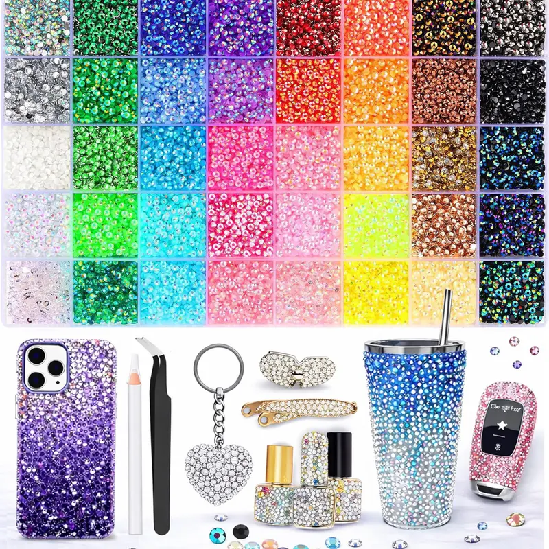 40-Color 40000-Pcs Compact & Convenient Jelly Resin Flatback Shining Rhinestone Kit with Included Tools, Nail Art Decorations for DIY Crystal Jewelry Design, 40 Color -40000Pcs