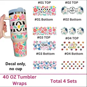 Mother's Day Flower Pattern 3D Stickers Set, 4 Sets of 40 Oz UV DTF Cup Decals, Durable Mixed Color Transfer Material
