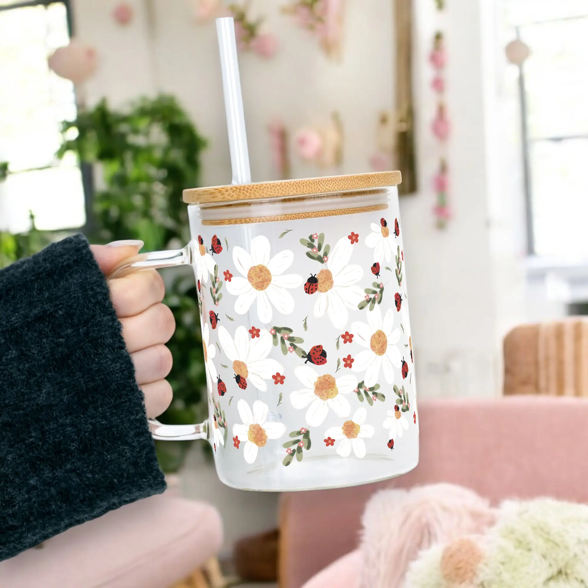Sip-Sip Hooray! Spring 2025 Glass Mug – 17oz Aesthetic UV Print Cup with Lid & Straw, Trendy Iced Coffee Must-Have, Spring Vibes Drinkware Stylish Bam